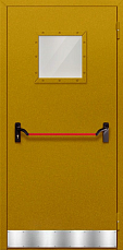 Противопожарная дверь без порога однопольная антипаникой с квадратным стеклом 