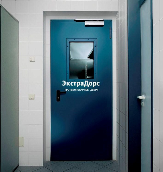 Противопожарная дверь 1 типа синяя c выпадающим порогом с остеклением в Москве  купить