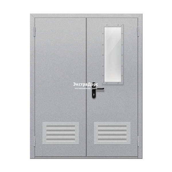 Двупольная огнестойкая дверь EI 30 ДО-02-EI-30 двупольная остеклённая с прямоугольным окном и решёткой