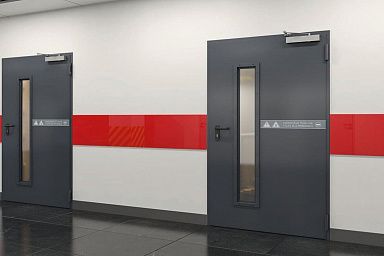 Противопожарная алюминиевая дверь темно-серого цвета