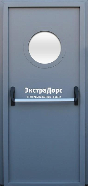 Противопожарная дверь голубая с антипаникой и иллюминатором